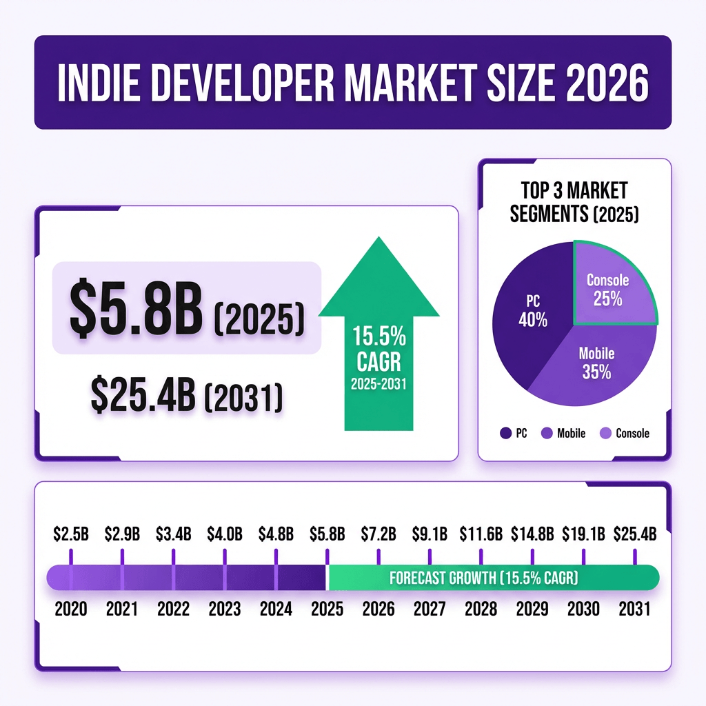 Indie Developer Market 2026 - $5.8B market size with 15.5% CAGR growth forecast