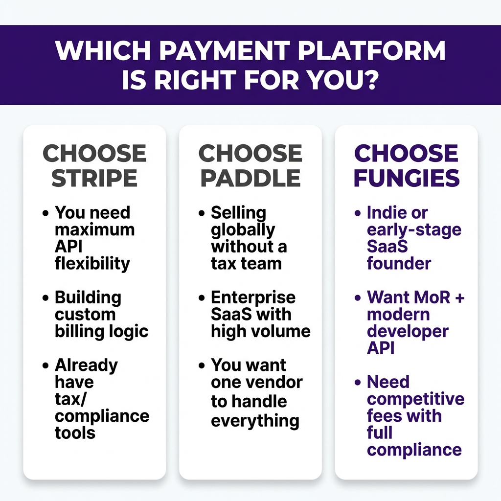 Paddle vs Stripe vs Fungies.io for SaaS: The Complete 2026 Guide