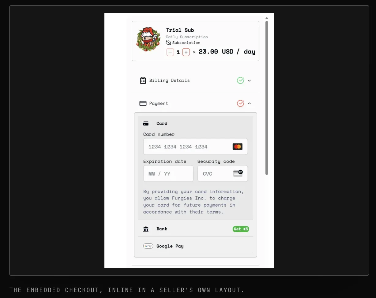embedded checkout inline in a sellers own layout