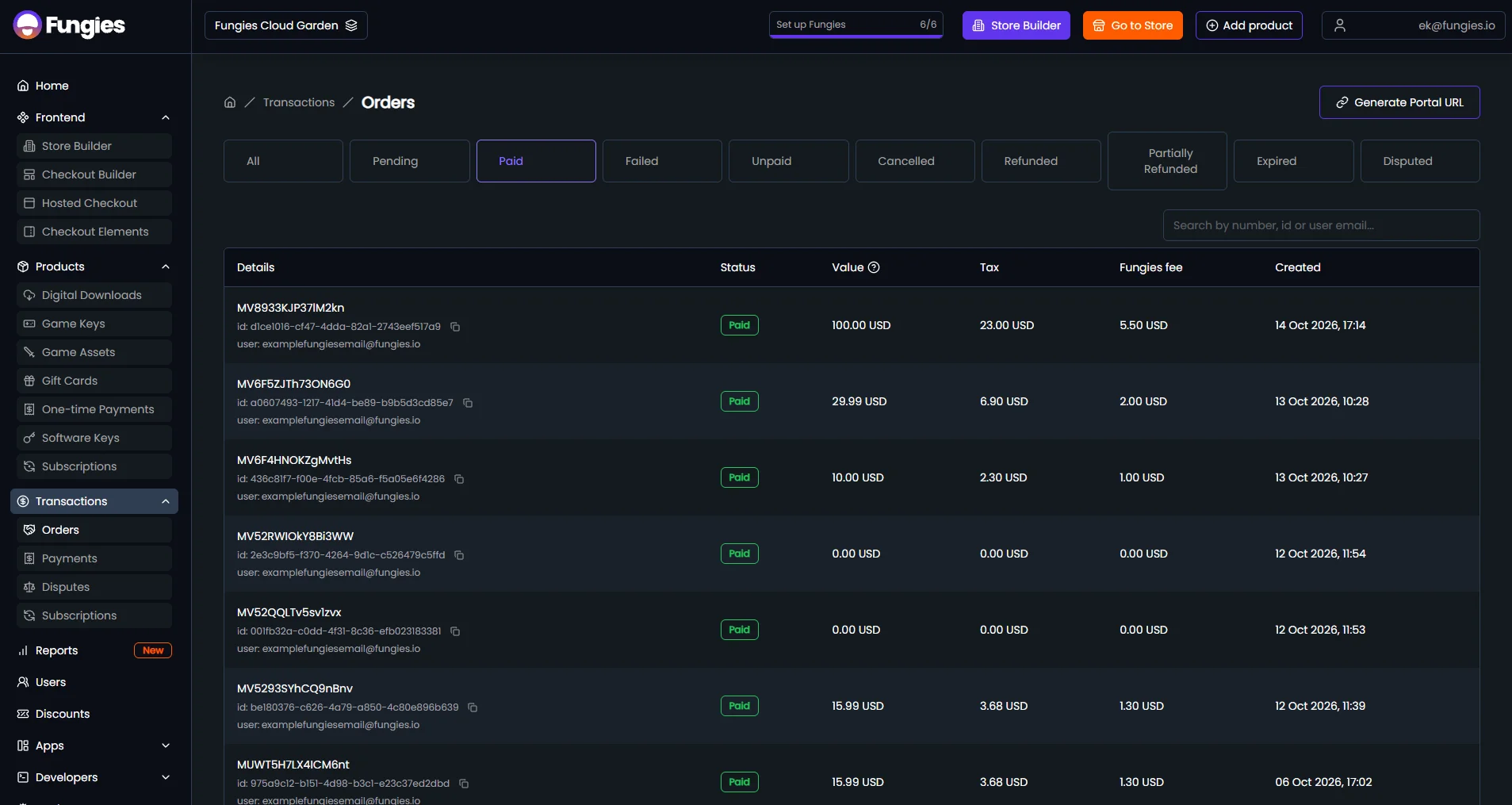 The Fungies merchant dashboard.